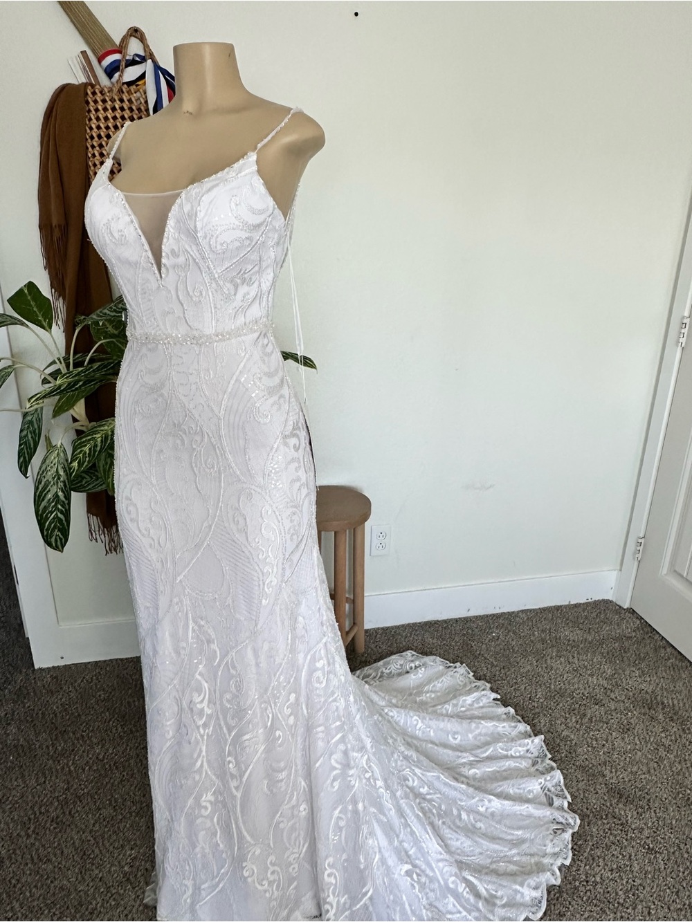 Ivory Lace Spaghetti Strap Wedding Gown with Beaded Waist